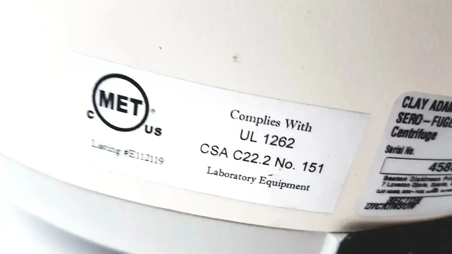 White cylindrical clay adams becton dickinson sero-fuge 2001 laboratory centrifuge with certification stickers and serial number