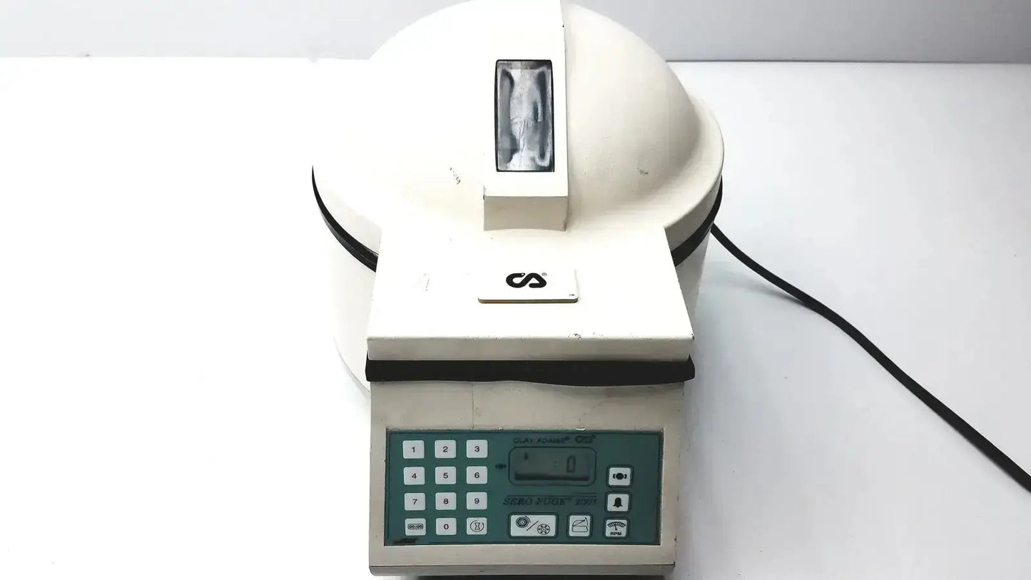 White clay adams sero-fuge 2001 benchtop centrifuge model 420351 with digital keypad and control panel