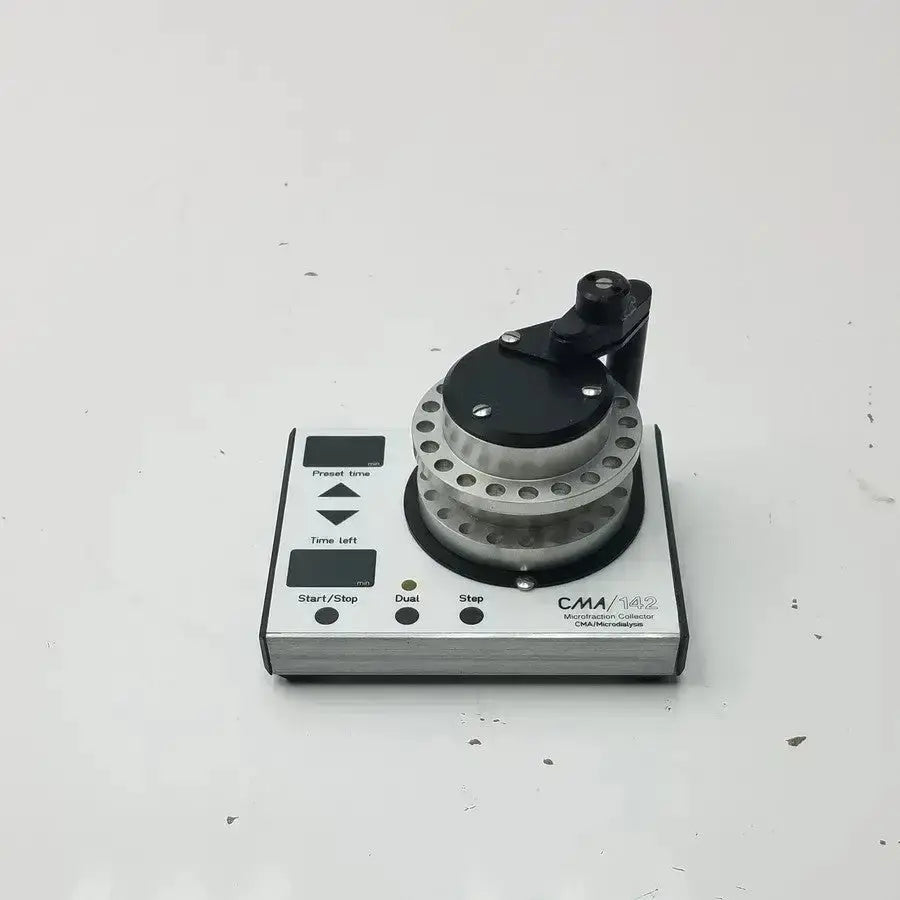 Silver and black cma microfraction collector model 142 with circular multi-hole sample holder for precise fraction collection