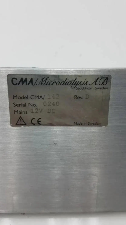 Silver metallic label with black text identifying a cma microfraction collector model 142 ab medical device