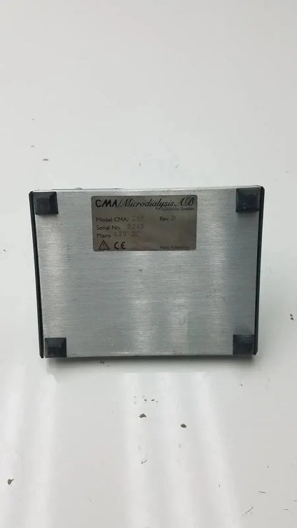 Silver metallic rectangular cma microfraction collector model 142 with black corner protectors and cma theradalysis 108 label