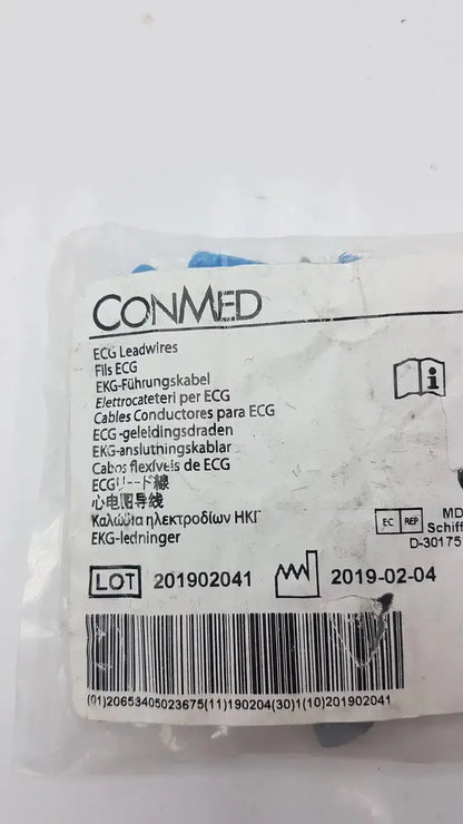 Conmed banana adapter 10/pk ecg leadwires in sterile white plastic package with multilingual labeling and conmed banana branding
