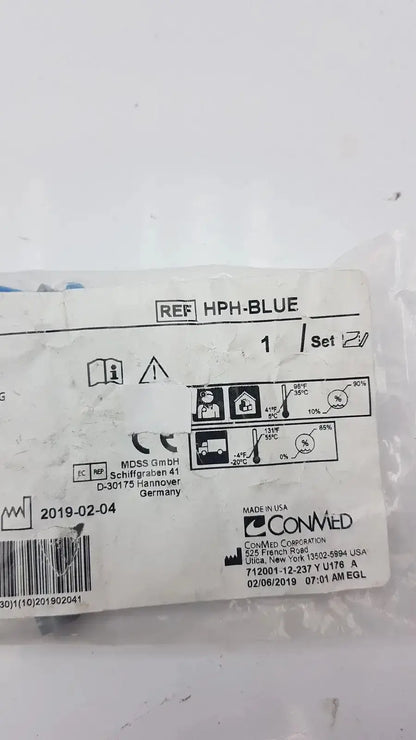 Blue medical device packaging of conmed banana adapter 10/pk ref hph-blue with manufacturer details visible