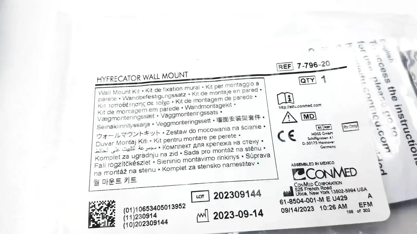 White paper label for conmed hyfrecator 2000 model 7-900-115 wall mount kit for buy used medical equipment sale