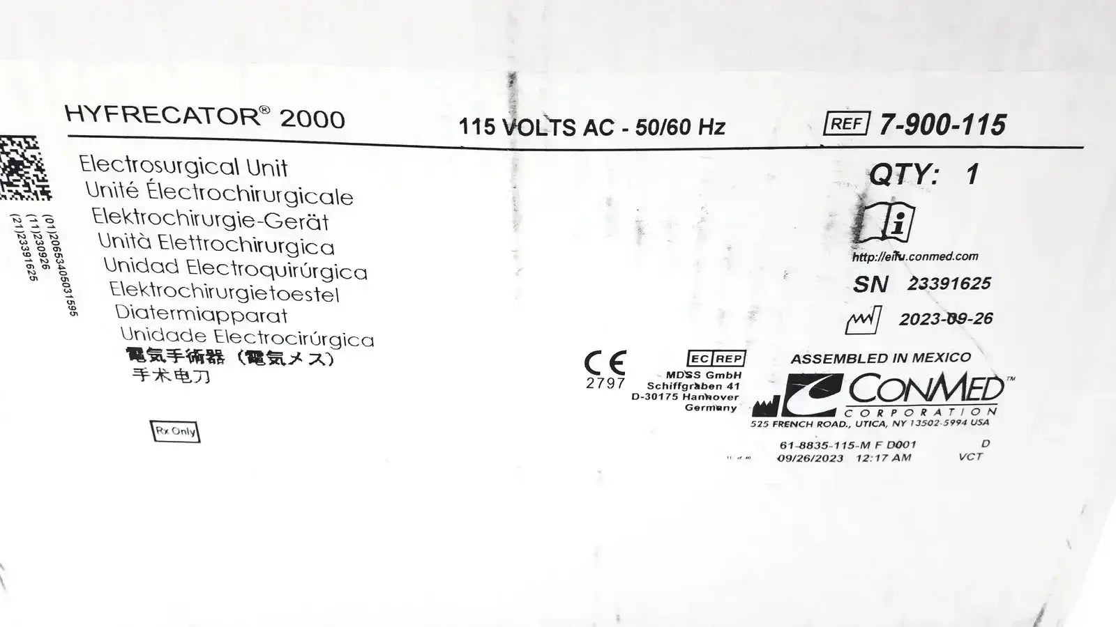 Label of conmed hyfrecator 2000 model 7-900-115 desiccator with multilingual specs and serial number on back used medical equipment for sale