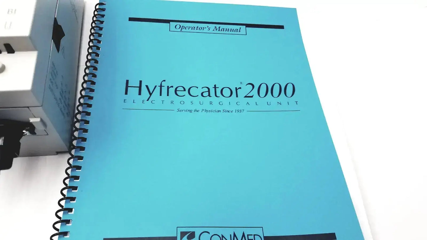 Light blue spiral-bound operator’s manual for conmed hyfrecator 2000 electrosurgical unit used medical equipment for sale