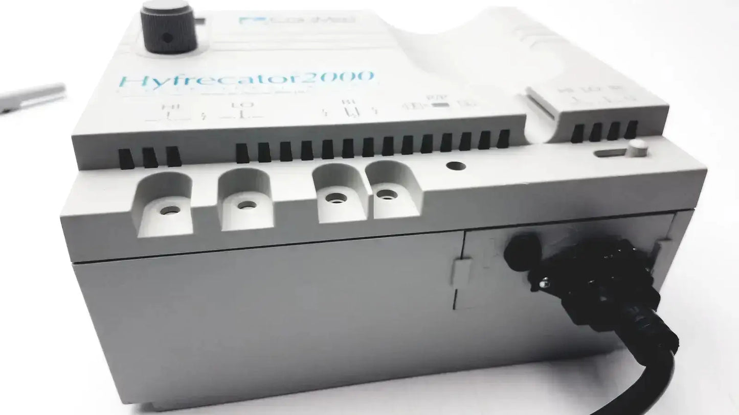 Gray plastic conmed hyfrecator 2000 model 7-900-115 with black power cord ventilation slots back view used medical equipment for sale