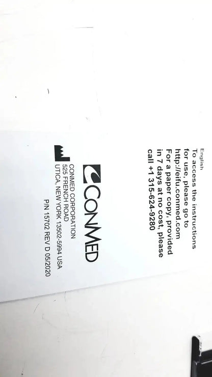 Black printed label with conmed logo and contact information on back of conmed hyfrecator used medical equipment for sale