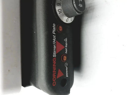 Black corning pc420 magnetic hot plate stirrer with silver dial and red indicator lights for laboratory use