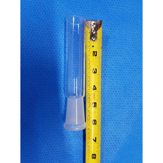 Clear glass labware with a frosted white plastic base and metallic clasp.