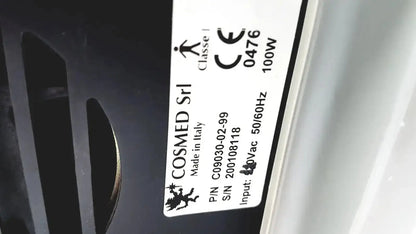 White label with electrical specifications in black text on the back of cosmed quark b2 pulmonary gas exchange device