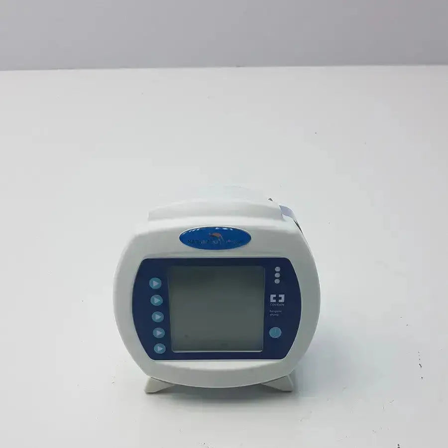 White and blue covidien kangaroo enteral feeding pump device with digital screen control buttons and coolgain branding