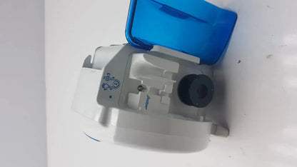 White plastic Covidien Kangaroo enteral feeding pump with blue translucent cover and black objective lens for feeding pump use