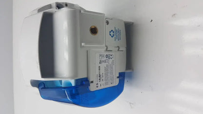 Gray and blue plastic enteral feeding pump water meter with white label showing technical specifications for Covidien Kangaroo pump