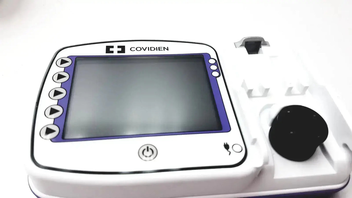White and purple covidien kangroo feeding pump with touchscreen buttons power button and pole clamp charging port