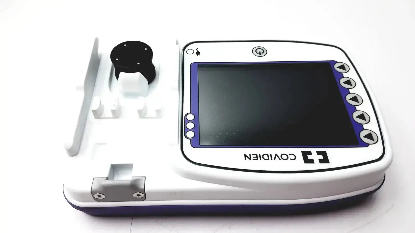 White and purple covidien kangroo feeding pump with touchscreen display, pole clamp, directional buttons, and circular component