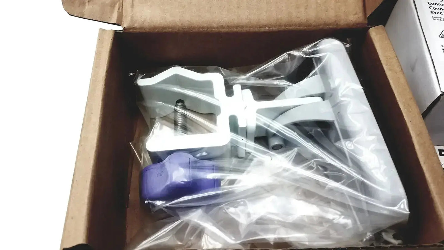 White plastic covidien kangroo feeding pump pole clamp with purple handle and metal screw components for secure mounting