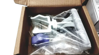 White plastic covidien kangroo feeding pump pole clamp with purple handle and metal screw components for secure mounting