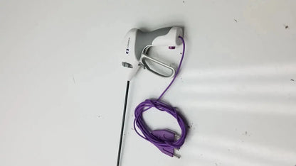 Gray and white covidien ligasure maryland jaw sealer divider 5mm with coiled purple cable for surgical use