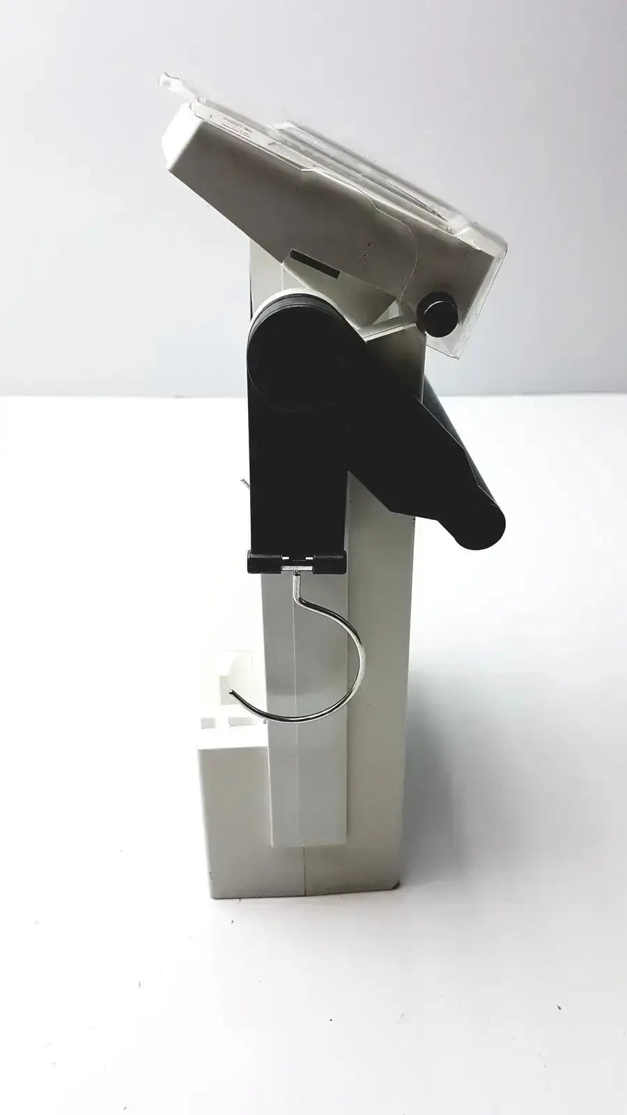 Silver and black adjustable display stand with clear plastic top and metal hook for criticore fluid output temperature monitor model 000002n