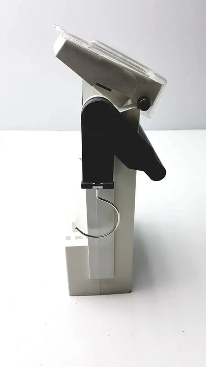 Silver and black adjustable display stand with clear plastic top and metal hook for criticore fluid output temperature monitor model 000002n