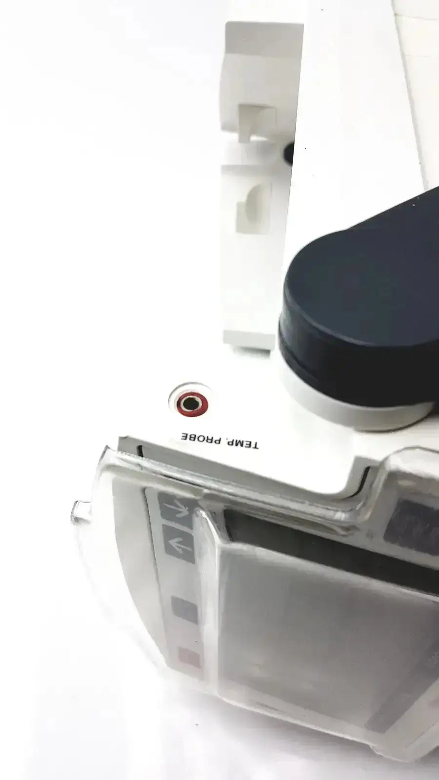 White criticore fluid output temperature monitor model 000002n with black circular cap and transparent temp probe cover