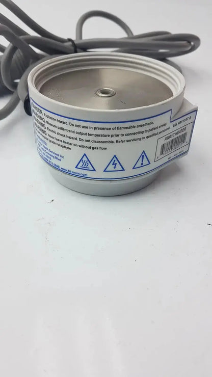 Silver cylindrical fabric humidifier heater p2001c with coiled gray power cord and safety warning label by curaplex 301-p2001