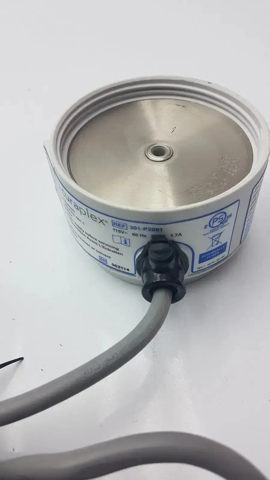 Silver metallic cylindrical sensor with black connector and gray cable labeled duraplex for curaplex 301-p2001 humidifier heater p2001c