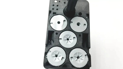 Black plastic housing with five silver metal gears including a star pattern on da vinci xi 471205 fenestrated bipolar forceps 8mm