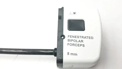 White plastic fenestrated bipolar forceps 8mm with black button and cable for Da Vinci Xi surgical system