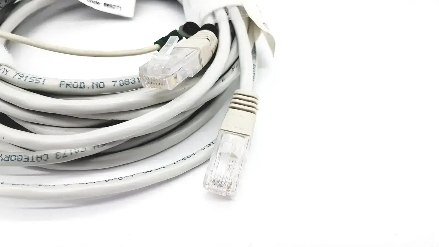 Coiled white ethernet mon aic network cable with clear rj45 connectors and printed specifications 20ft length