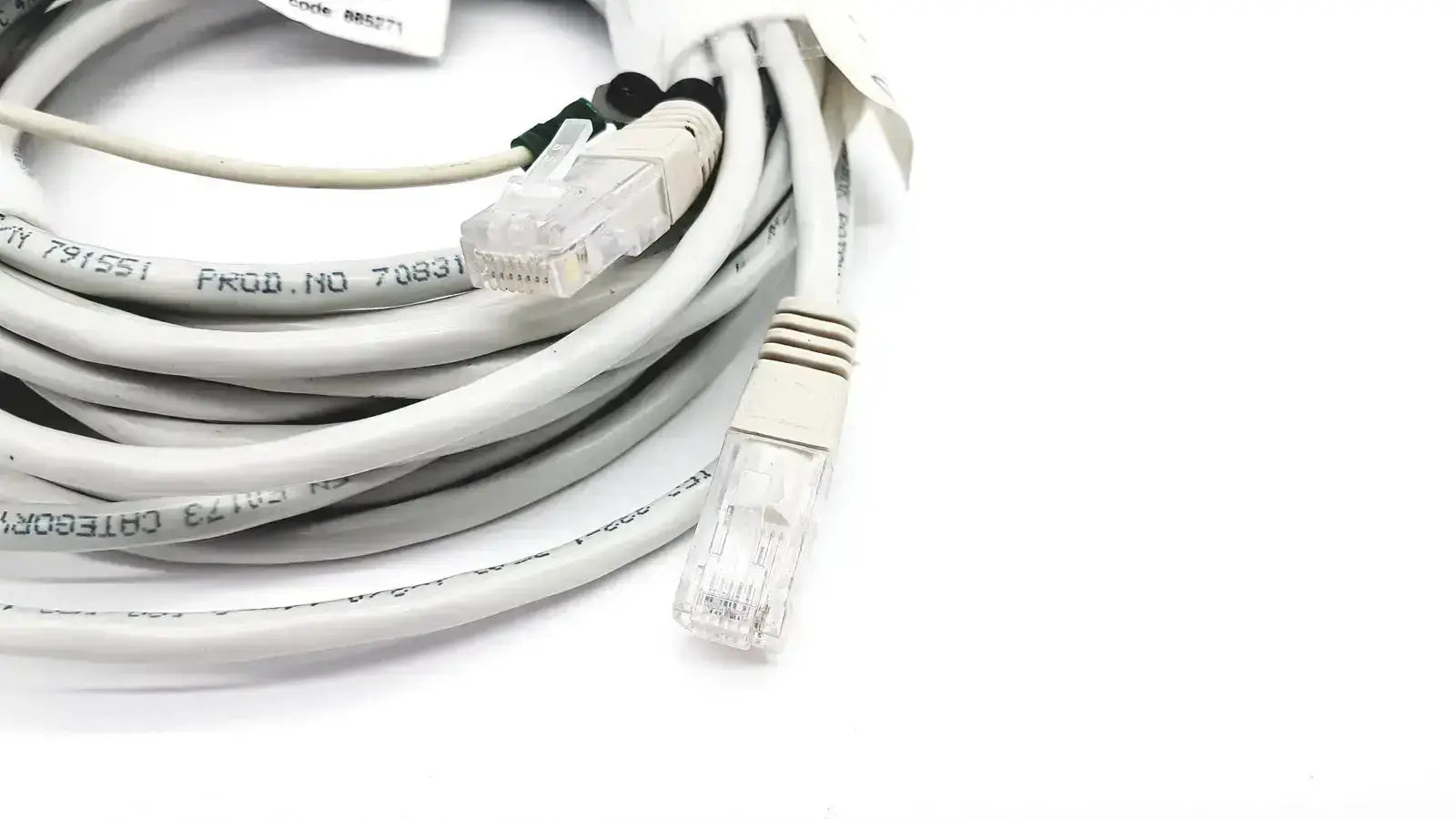 Coiled white ethernet mon aic network cable with clear rj45 connectors and printed specifications 20ft length