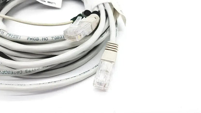 Coiled white ethernet mon aic network cable with clear rj45 connectors and printed specifications 20ft length