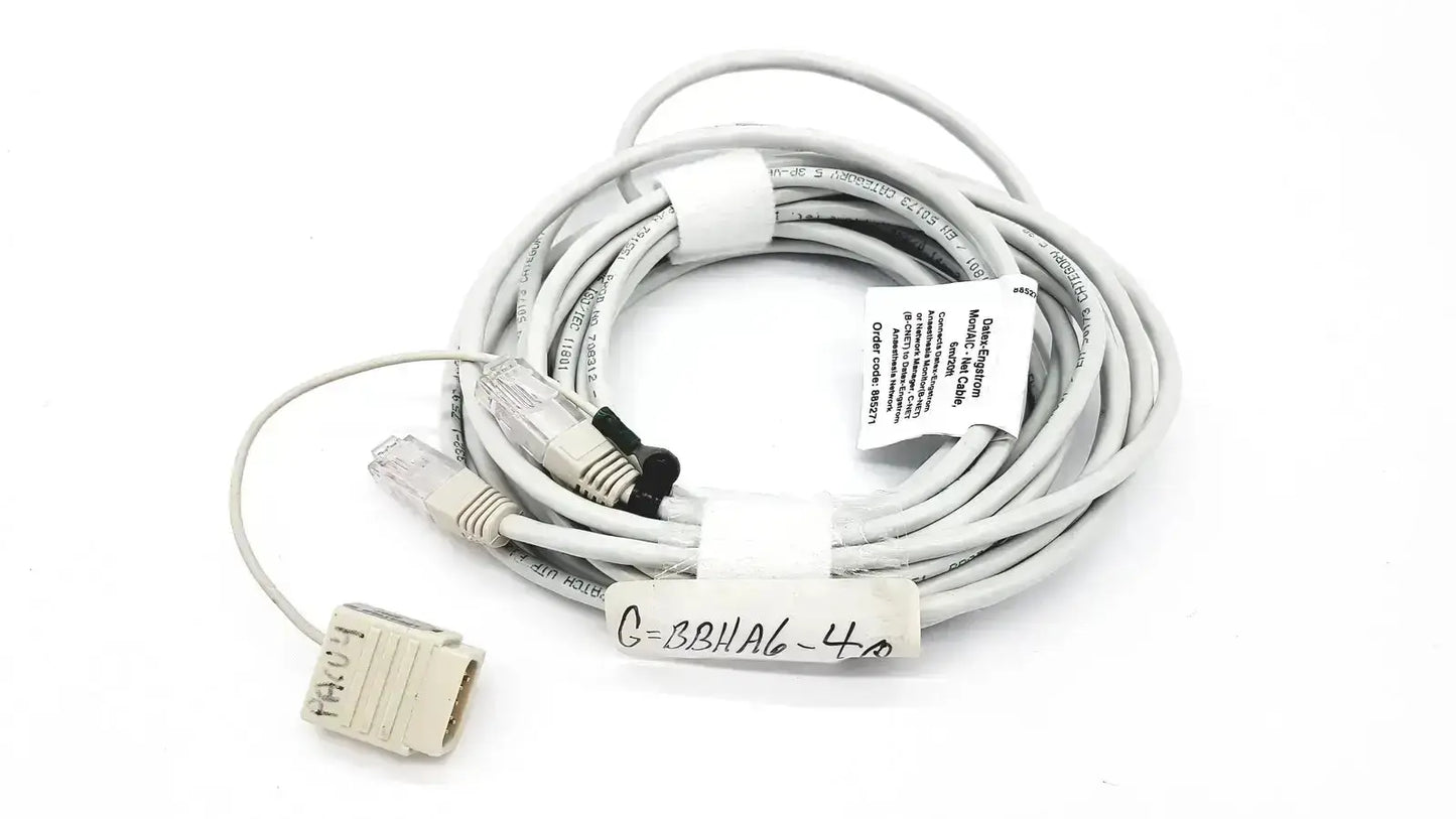 White coiled ethernet cable with two rj45 connectors and one db9 connector for mon aic network 20ft extension cable