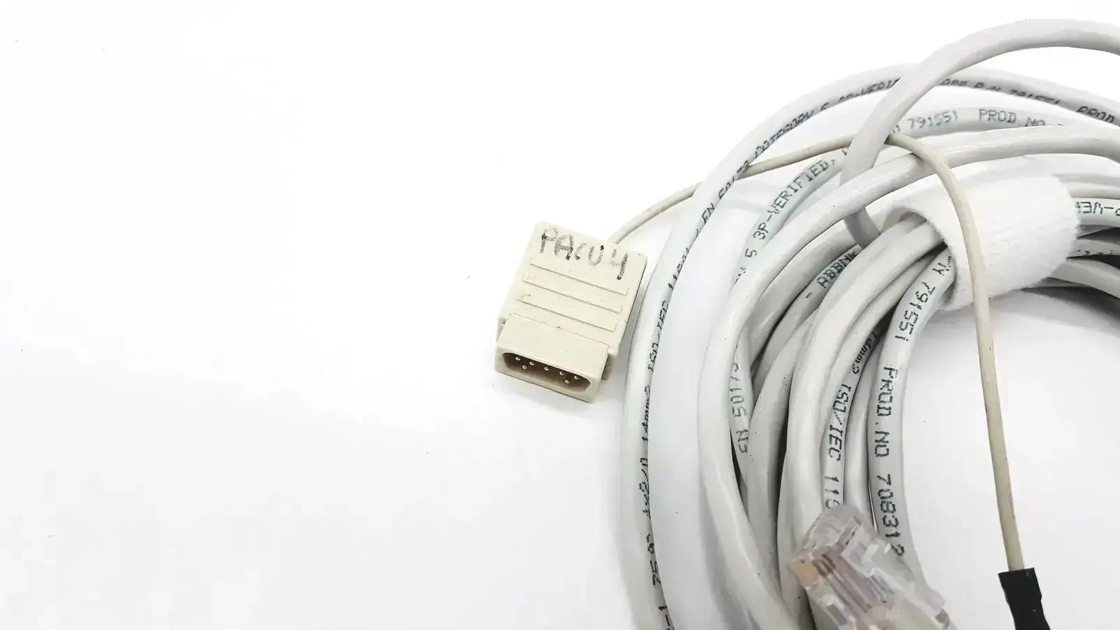 White coiled ethernet cable with beige 9-pin d-sub and rj45 plug for datex mon aic network 20ft extension cable