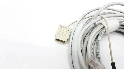 White coiled ethernet cable with beige 9-pin d-sub and rj45 plug for datex mon aic network 20ft extension cable