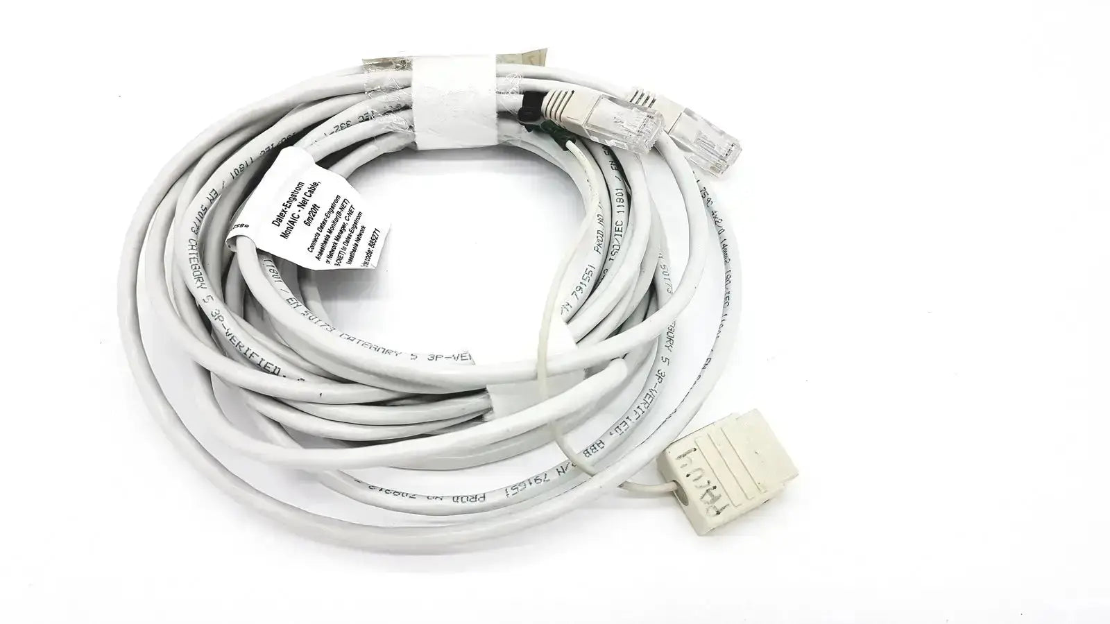 White datex-extension mon aic network cable 20ft with rj-45 connectors coiled and neatly bundled design