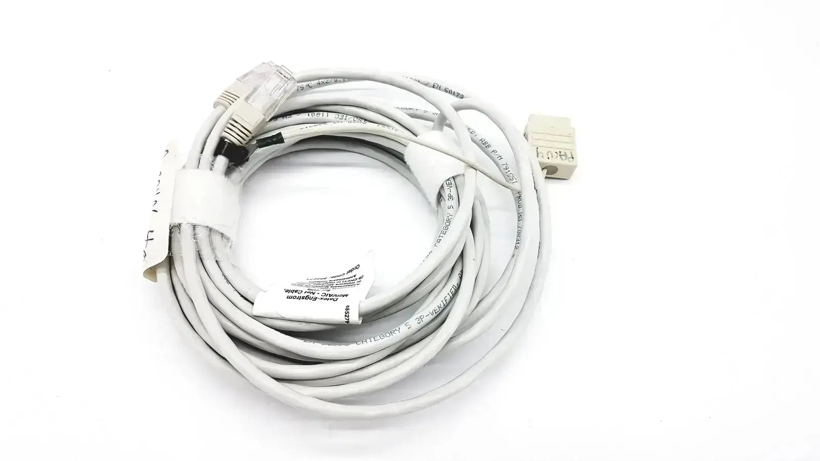 White Datex-extension mon aic network cable 20ft with clear rj45 connector and plastic clip for reliable connections