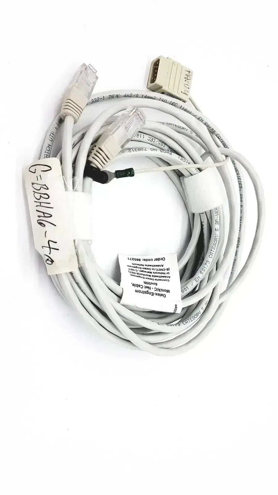 White coiled Datex-extension mon AIC network cable 20ft with rj45 and db9 serial connectors for aic network use