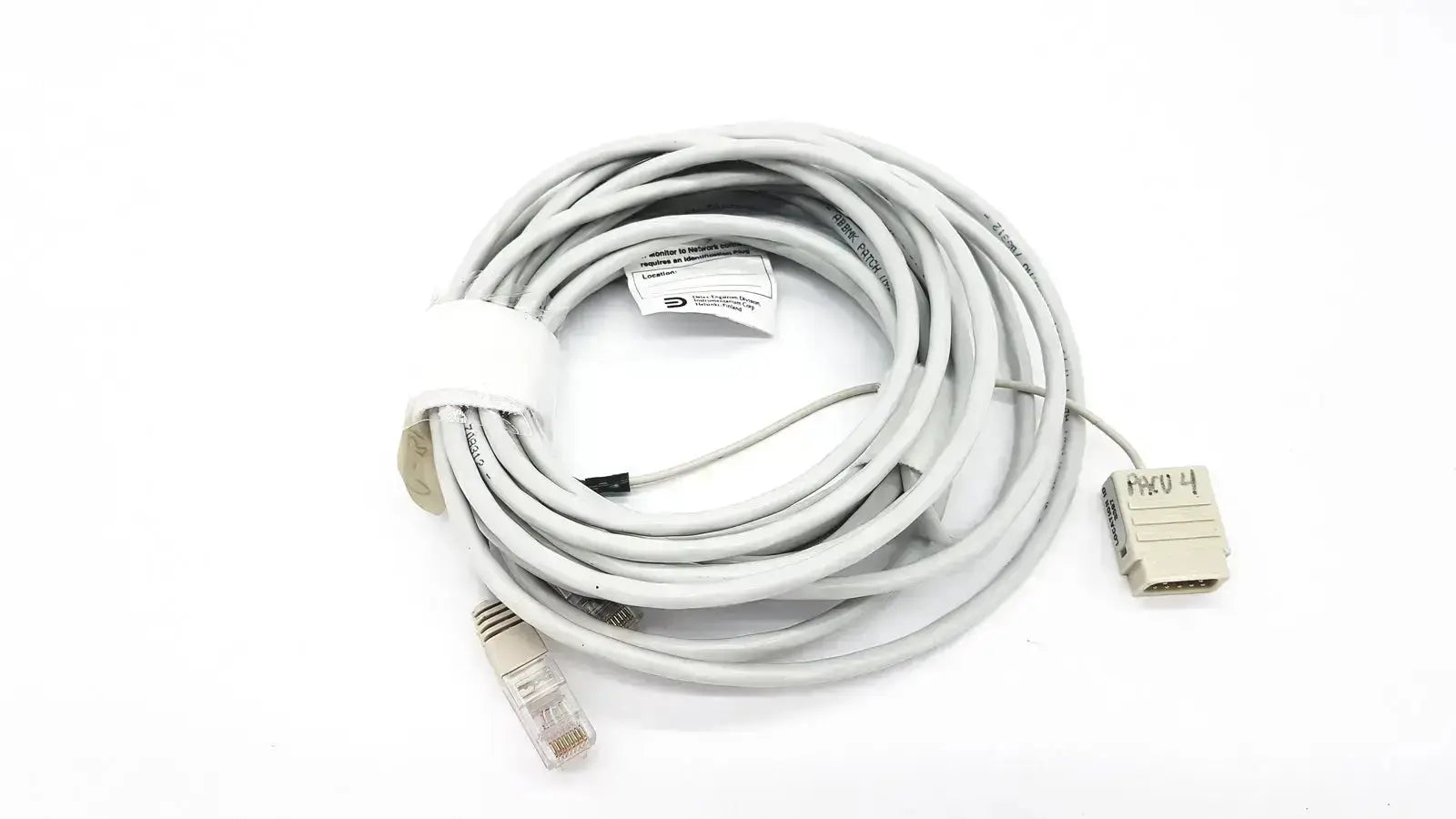 Gray coiled datex-extension mon aic network cable 20ft with rj45 connector and db9 serial port on ends