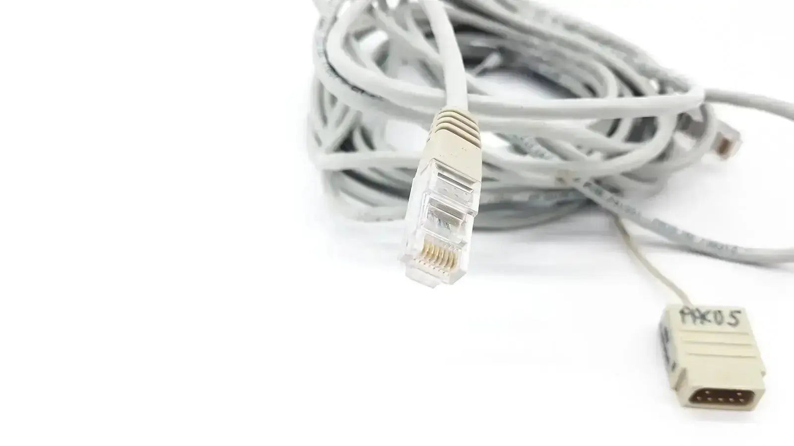 Gray Datex-Extension mon AIC network cable 6m with clear rj45 connector and beige pacos adapter for aic network use