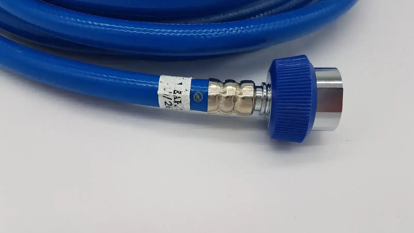 Blue flexible hose assembly with metallic threaded connector and plastic cap datex ohmeda hospital surplus