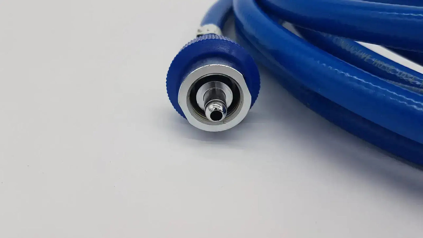 Datex ohmeda blue coiled hose assembly with blue and silver threaded connector for hospital surplus use
