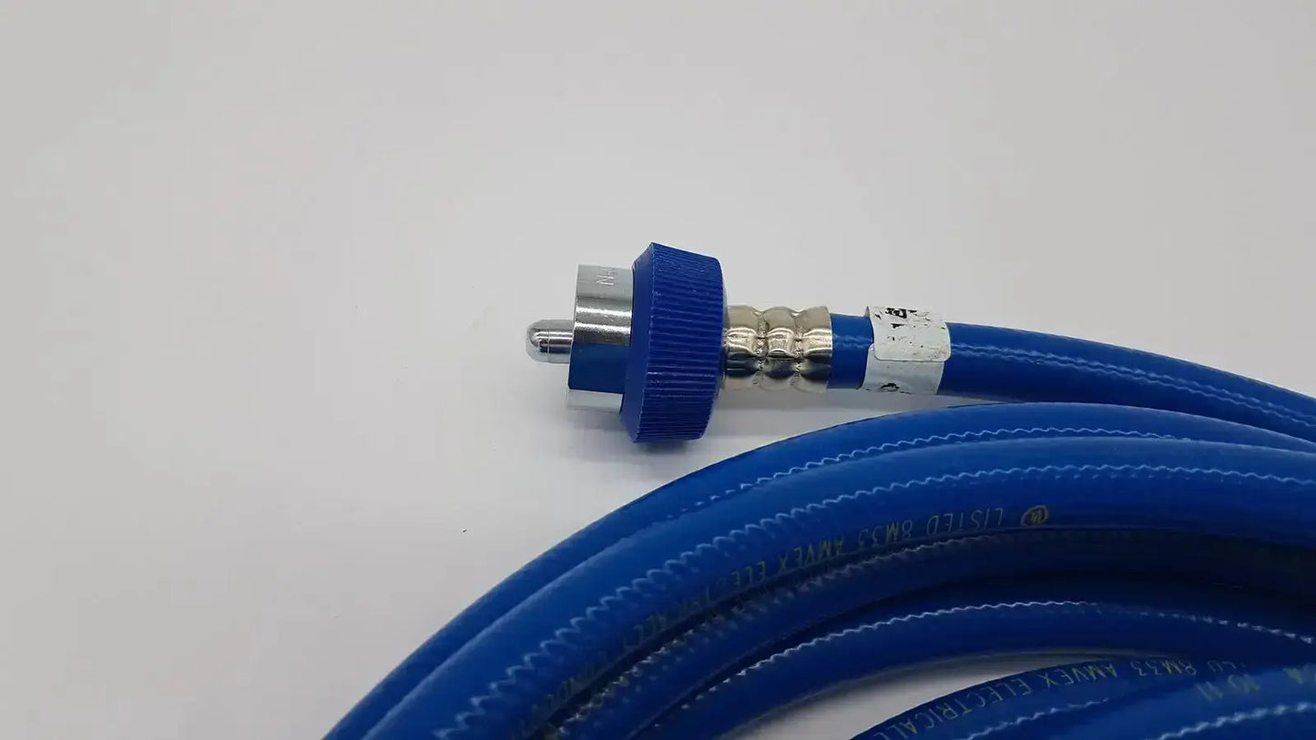 Datex ohmeda hospital surplus hose assembly with blue coiled hose, blue ribbed connector, and silver metallic fittings