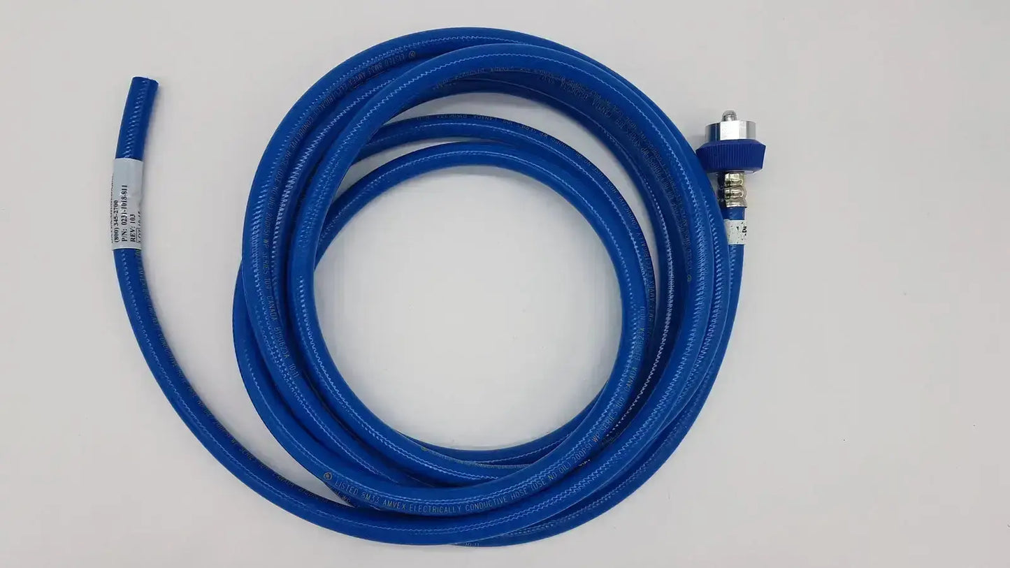 Datex ohmeda hose assembly with blue braided gas hose, metallic connector, and white label from hospital surplus