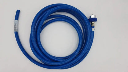 Datex ohmeda hose assembly with blue braided gas hose, metallic connector, and white label from hospital surplus
