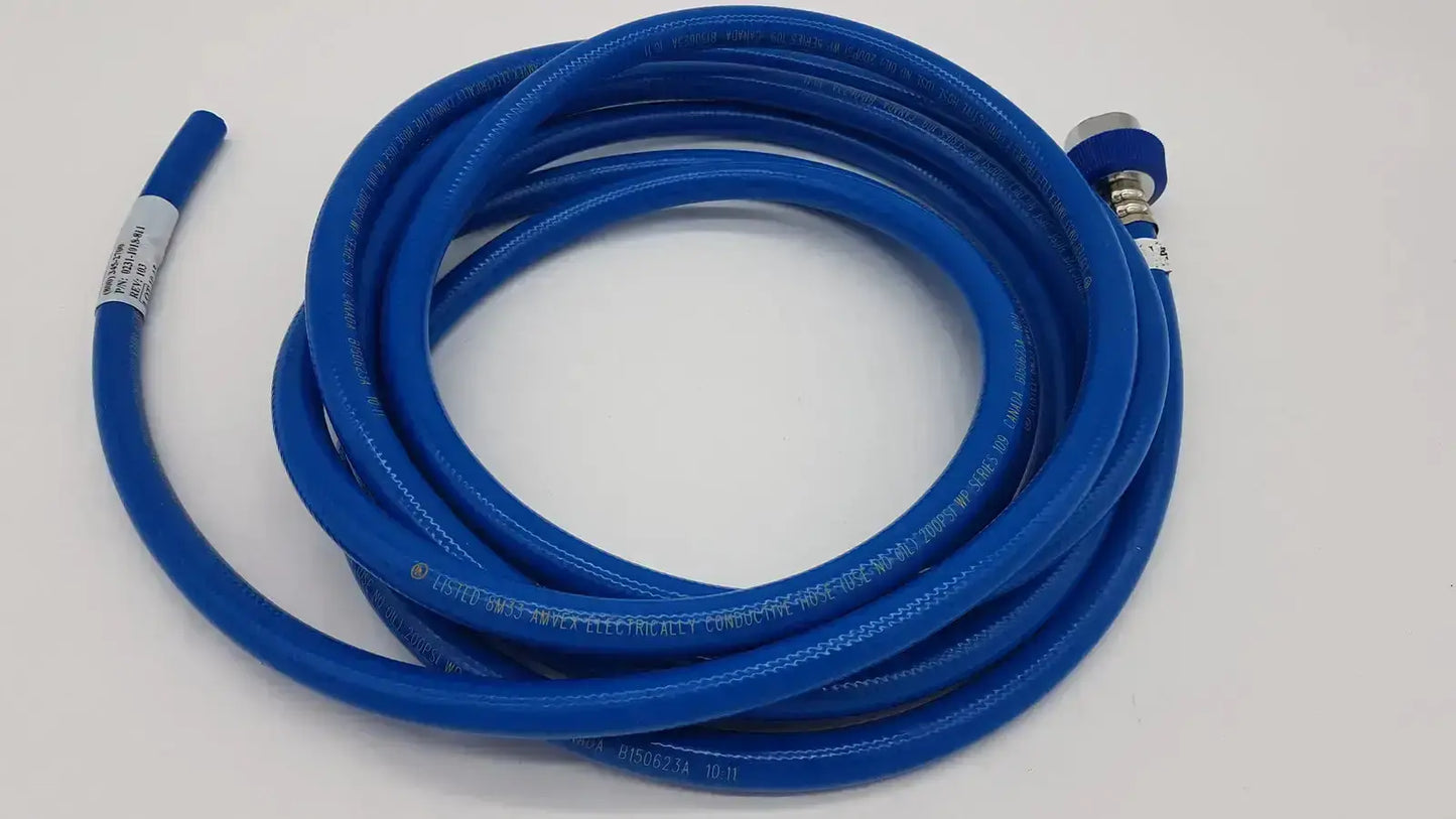 Blue coiled hose assembly with metallic connector and white label Datex Ohmeda hospital surplus product