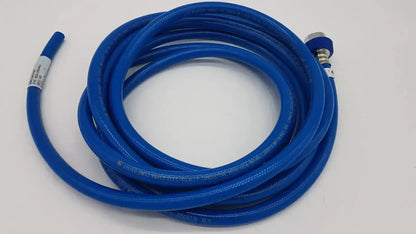 Blue coiled hose assembly with metallic connector and white label Datex Ohmeda hospital surplus product