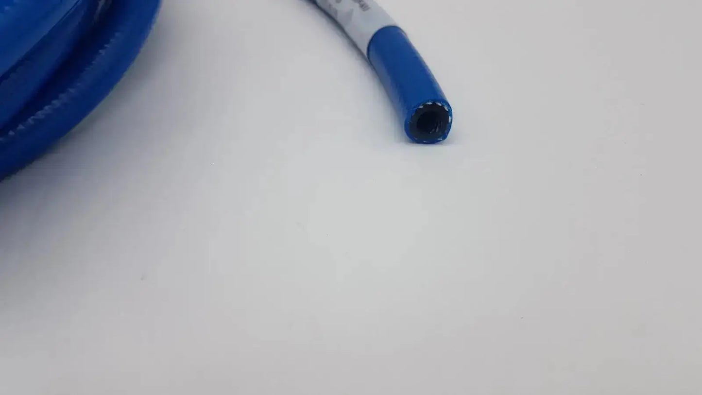 Datex ohmeda blue coiled hose assembly with white label and black interior for hospital surplus use