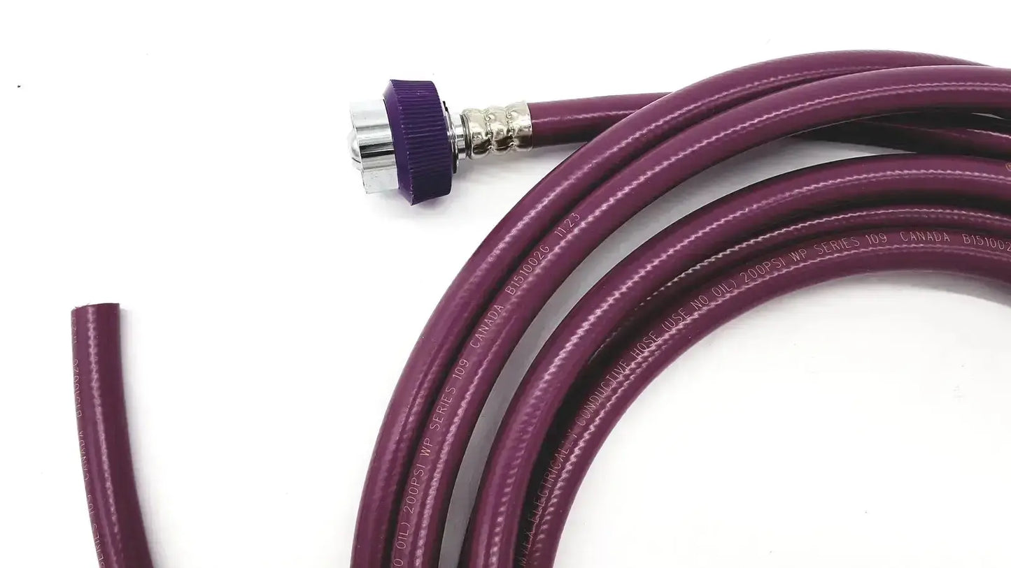 Purple datex ohmeda hose assembly evacuation with braided hose, metallic connector, and purple knob for medical use